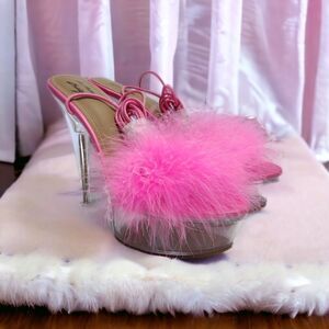 La Modish Clear Platform Stiletto Sandals Size 10 Marabou Lace Up Stripper Heels
